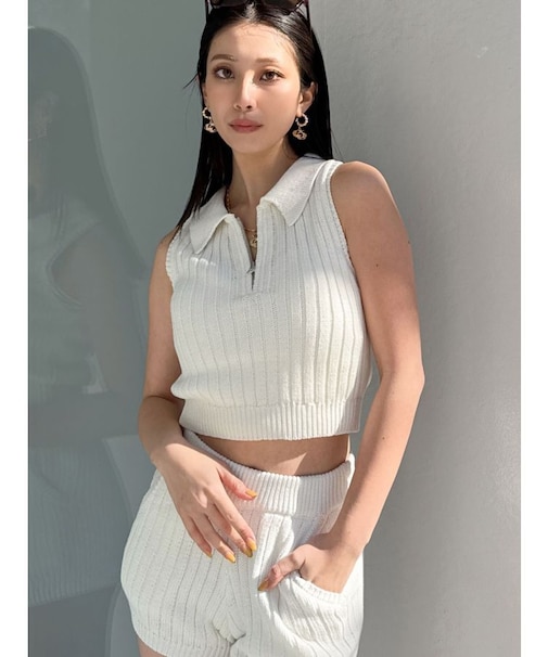 ハーフZIPノースリブリーチポロニットトップス