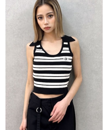 ボーダーノースリPOLOニットトップス