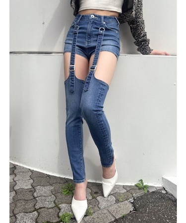 ハイウエストdetachableスキニーデニムパンツ