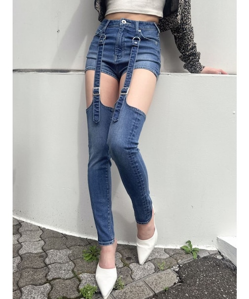 ハイウエストdetachableスキニーデニムパンツ