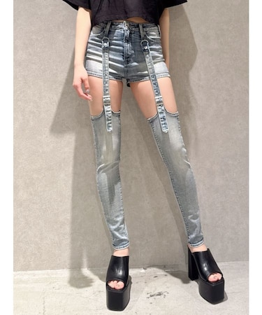 ハイウエストdetachableスキニーデニムパンツ