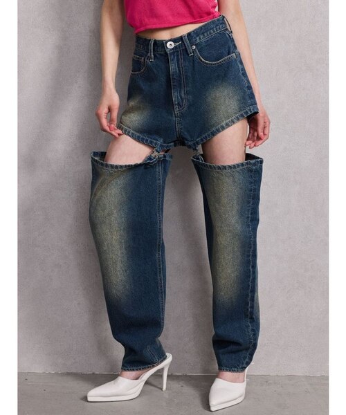 ハイウエストボタンBACKカーブクロスGYDA chainデニムショートパンツ