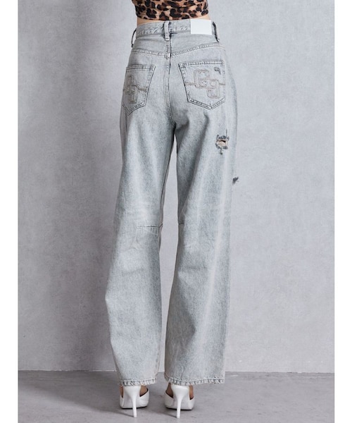 nagonstans☆赤ステッチ☆タック入り☆ハイウエスト☆カーヴィデニムパンツ ハイウエストGG Stitch Barrel Leg ダメージデニムパンツ