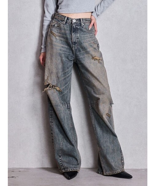 ハイウエストGG Stitch Barrel Leg ダメージデニムパンツ