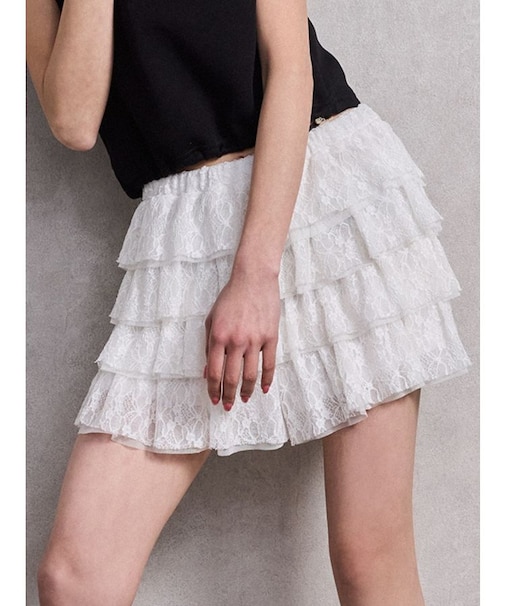 Mix material フリルデザインショートパンツ