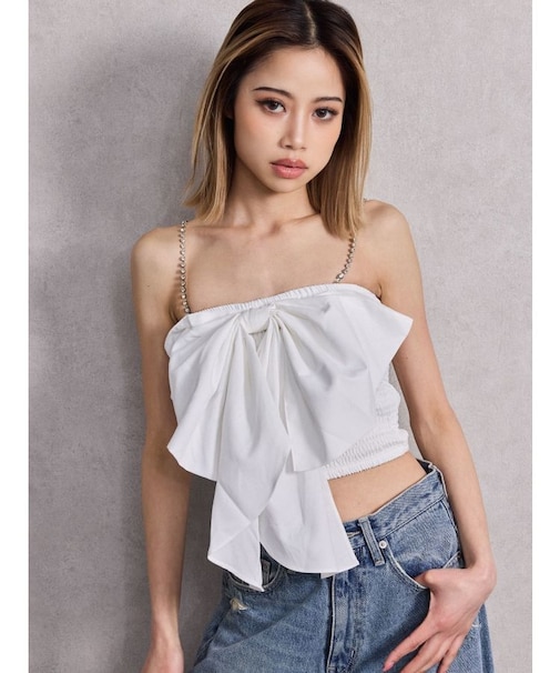 ビジューストーンストラップ2WAYリボンブラウス