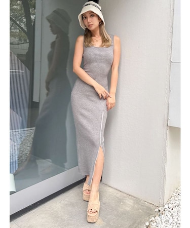 バックオープンジップスリットリブニットロングワンピース
