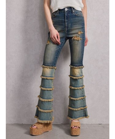 ハイウエストTIERED FRINGEフレアデニムパンツ