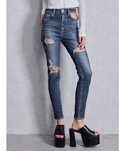 ハイウエストcut out poketダメージスキニーデニムパンツ