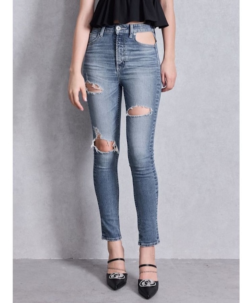 ハイウエストcut out poketダメージスキニーデニムパンツ