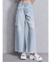 ハイウエストSIDE straight line damageワイドデニムパンツ