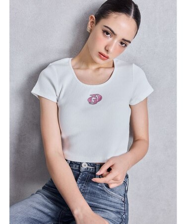 ハーフスリーブGDロゴラインストーンテレコトップス