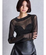 mock neck shiny sheerトップス