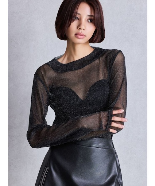 mock neck shiny sheerトップス