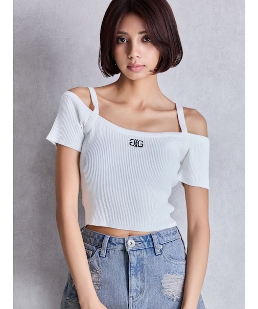 SymmetryGYDA オフショルストラップハーフスリーブニットトップス
