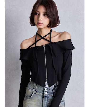 フロントZIPクロスチョーカーショートトップス