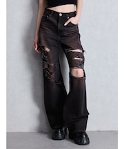 ハイウエスト tear up damageストレートワイドデニムパンツ