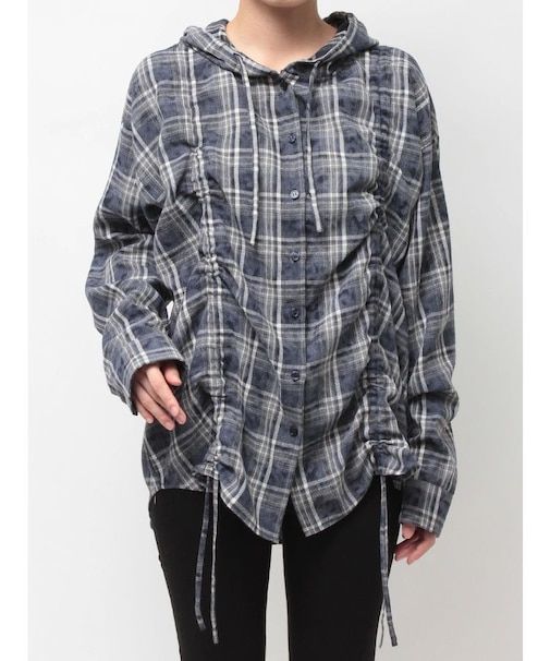 GG drawstringフードチェックシャツ