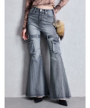 ハイウエスト strap cargo designフレアデニムパンツ