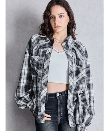 processing checkered print looseシャツ