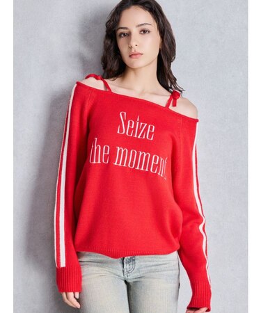 Seize the momentオフショルリボンニットトップス