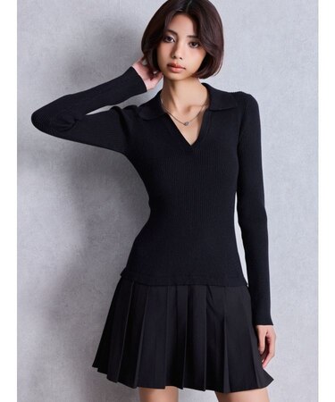 Mix material プリーツスカートニットワンピース