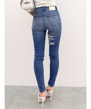 ミドルウエストSIDE CUT INNER DAMAGEスキニーデニムパンツ