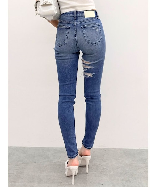 ミドルウエストSIDE CUT INNER DAMAGEスキニーデニムパンツ