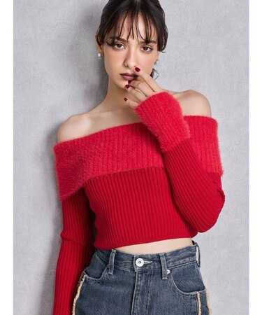 mix materialオフショルニットトップス