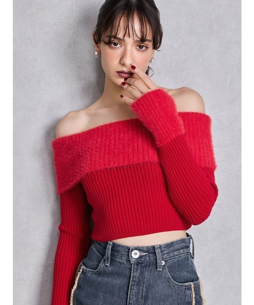 mix materialオフショルニットトップス