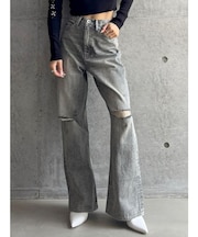 【TINY】ハイウエストKNEEダメージワイドデニムパンツ
