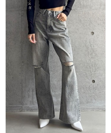 【TINY】ハイウエストKNEEダメージワイドデニムパンツ