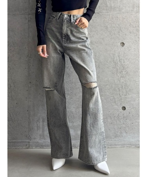 【TINY】ハイウエストKNEEダメージワイドデニムパンツ