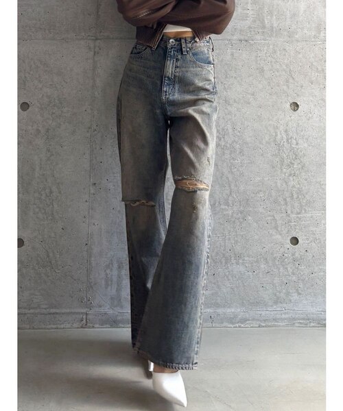 TINY】ハイウエストKNEEダメージワイドデニムパンツ｜ジェイダの