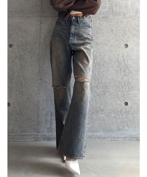 【TINY】ハイウエストKNEEダメージワイドデニムパンツ