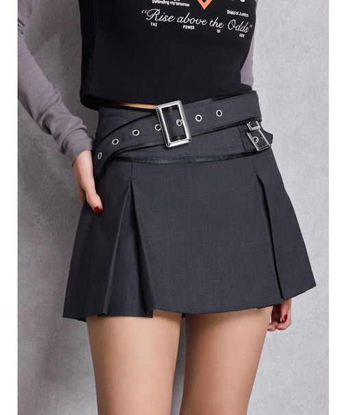 belt designプリーツスカートライクショートパンツ