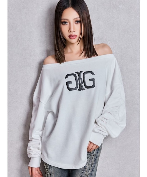 アームギャザーSymmetry GYDAオフショルスウェットトップス