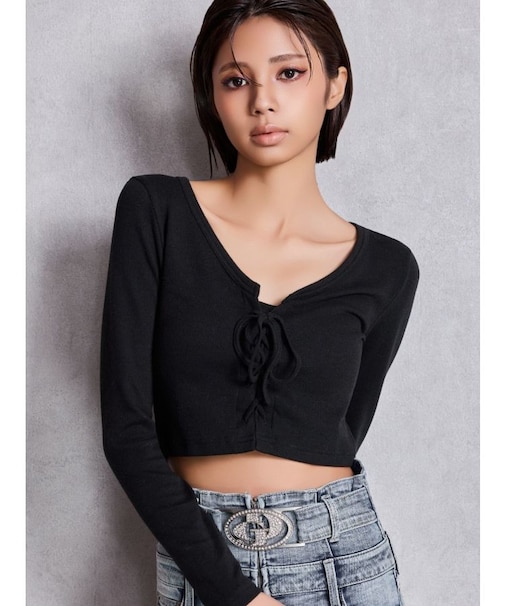 フロントレースアップショートトップス