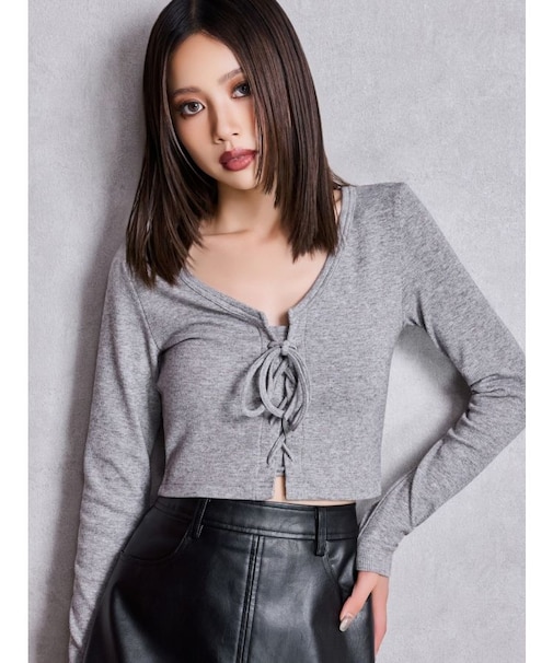 フロントレースアップショートトップス