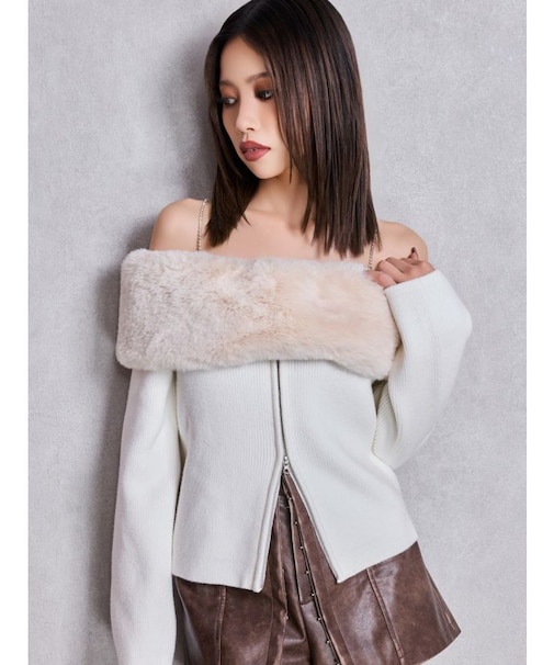 エコファーオフショルチェーンbijouニットトップス