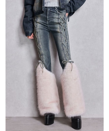 ハイウエスト LEG 2WAY ECO FURサイドレースアップフレアデニムパンツ