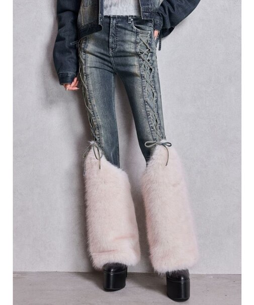 ハイウエスト LEG 2WAY ECO FURサイドレースアップフレアデニムパンツ