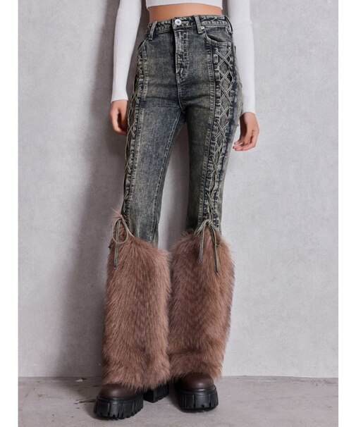 ハイウエスト LEG 2WAY ECO FURサイドレースアップフレアデニムパンツ