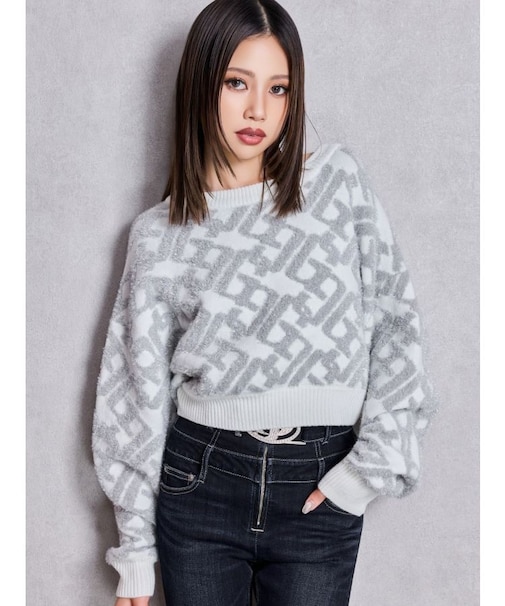 GGチェーンロゴラメニットトップス