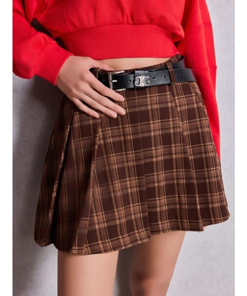 ベルトSETチェックプリーツスカートライクショートパンツ
