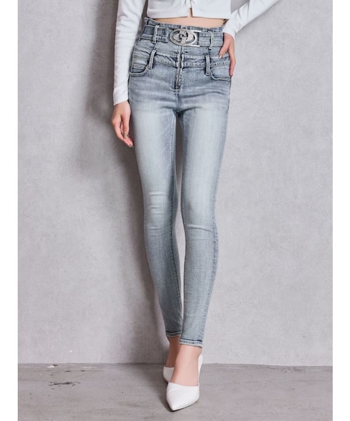 ハイウエスト GD bijou MOLDフロントZIPスキニーデニムパンツ