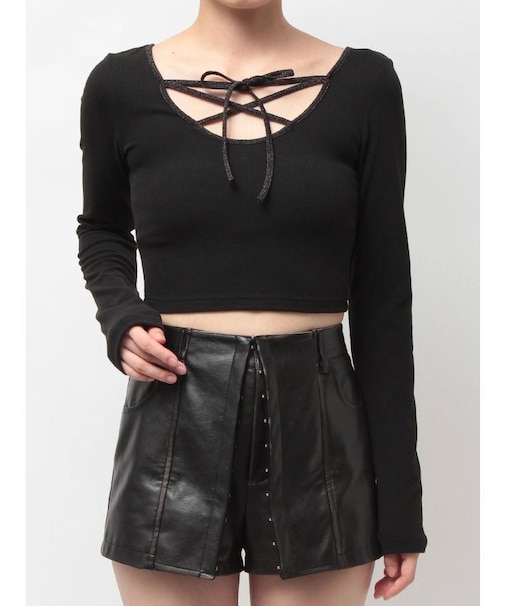 2WAYレースアップラメテレコトップス