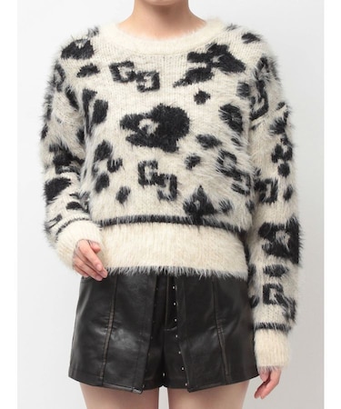 GG Leopardシャギーショートニットトップス