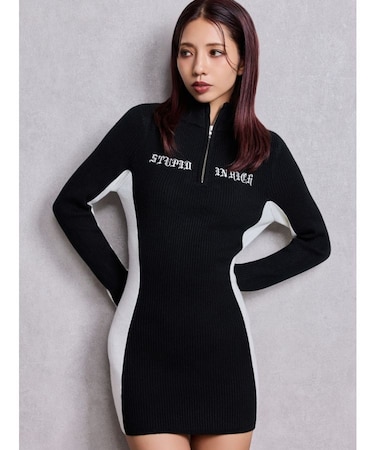 BICOLOR WIDE LINEハーフZIPニットワンピース