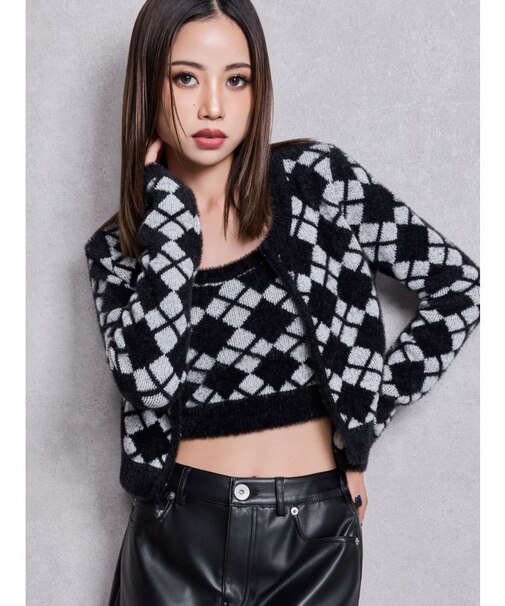 Argyll patternミニシャギーニットカーディガン